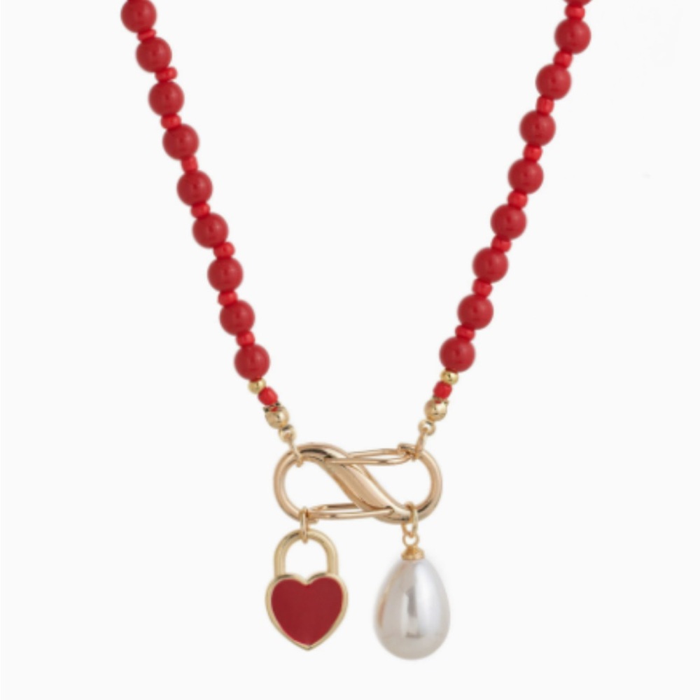 Gold-Tone Red Beaded Necklace with Heart Lock & Pearl Drop